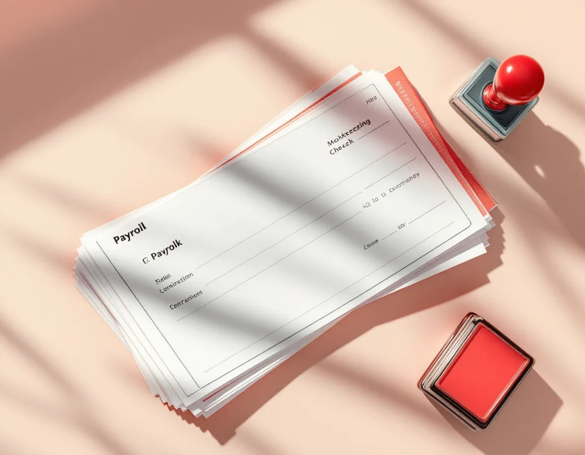 Fanned payroll check stubs with a coral rubber stamp on a bone backdrop