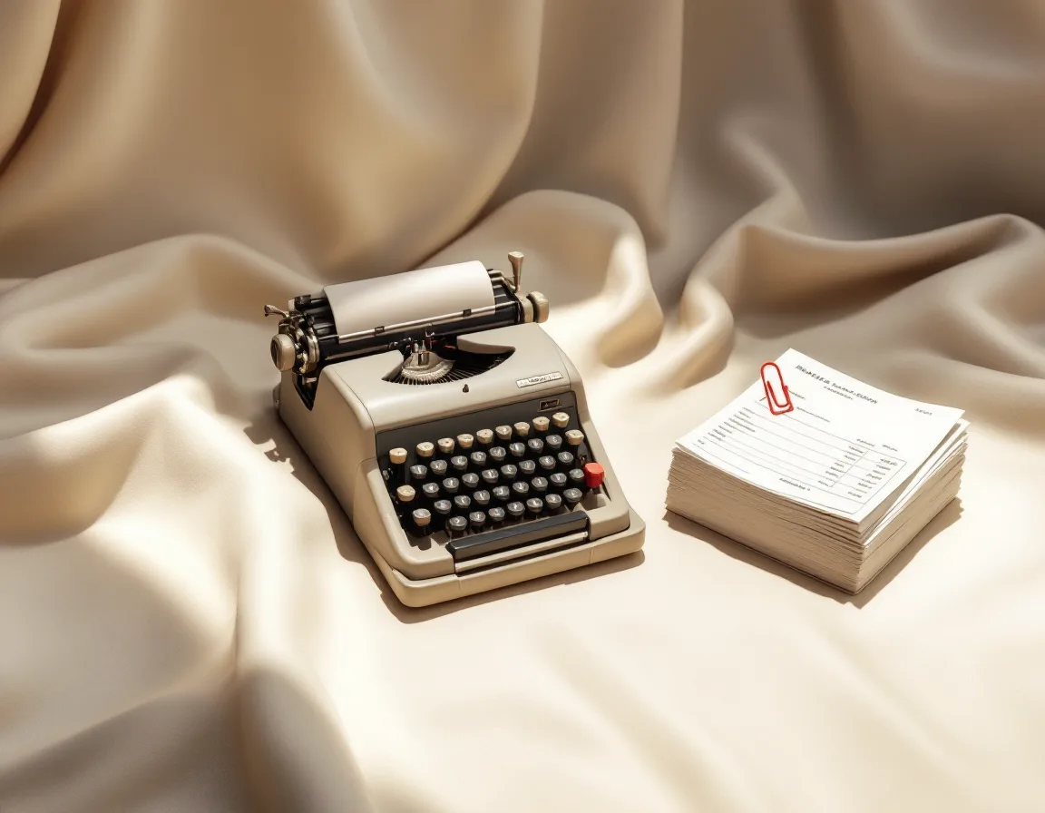 A mechanical adding machine and a tidy stack of bank statements on a bone backdrop